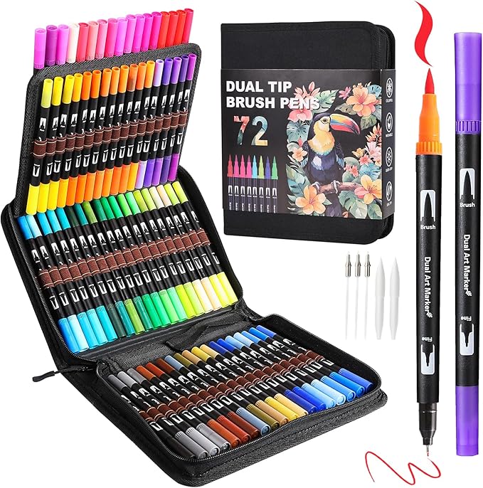 Dual Tip Markers, Double Brush Art Markers Set with Fine Tip and Brush Tip for Adult Coloring Book, Hand Lettering, Calligraphy & Drawing, Art Supplies Kit for Kids and Adults (72 Colors)