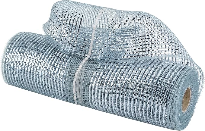 MEEDEE Silver Deco Mesh 10 Inch Deluxe Wide Foil Metallic Pull Up Decorative Ribbon for Christmas Tree, Wreaths, Garland, Gift Wrapping, Bows Making (30 Feet)