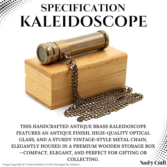 Brass Kaleidoscope with Wooden Box | Handcrafted Vintage Kaleidoscope with Optical Glass Lens & Wooden Storage Box – Collectible Gift for Kids & Adults Last-Minute (Silver/Brass, Small)
