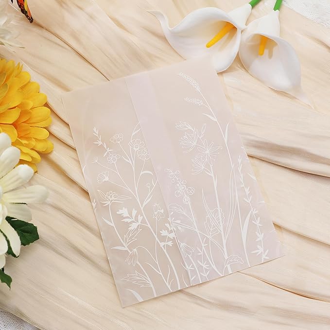 SWANGSA 100 Pack Vellum Jackets for 5x7 Invitations, Elegant White Wildflower Vellum Paper, 115GSM Translucent Invitation Sleeve Wraps for Wedding Bridal Baby Shower Birthday Envelopes