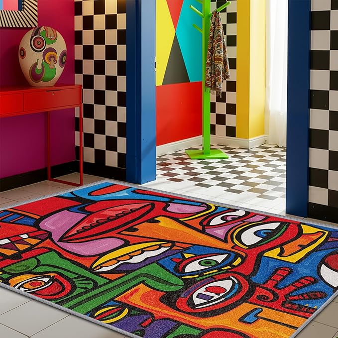Abstract Rugs for Bedroom - 5x6 Rug - Abstract Rug - Colorful Graffiti Area Rug - Modern Geometric Pop Art Rugs - Multicolor Artistic Carpet - Home Decor