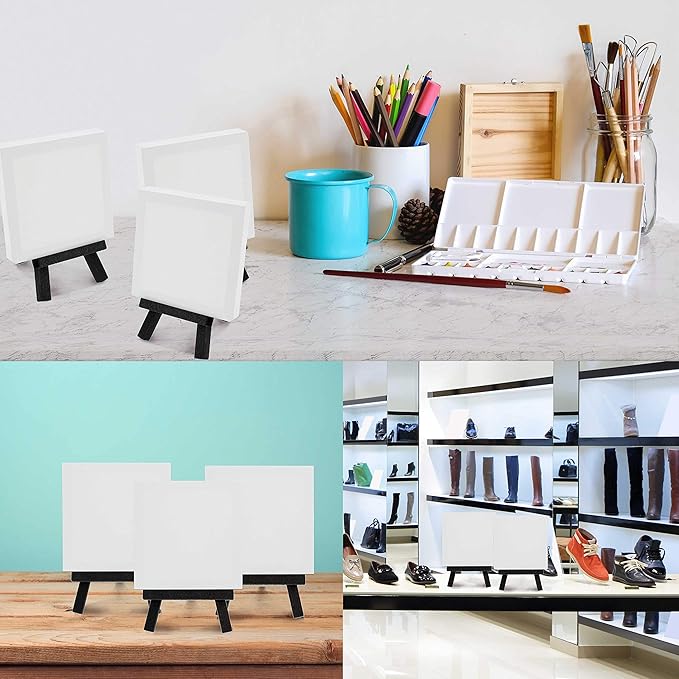 U.S. Art Supply 3" x 3" Stretched Canvas with 5" Mini Easel Kit (12 Pack) - Black Wooden A-Frame Tabletop Display Stand, Mini Easel Stand - Small Easels for Display, Small Canvases, Crafts, Photos