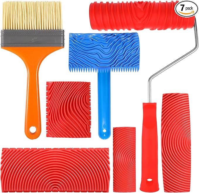 7Pcs Wood Grain Tool Fake Grain Roller Painting Tool Wood Texture Paint Tool with Handle DIY Rubber Wood Pattern Painting Roller for Wall Room Art Decoration