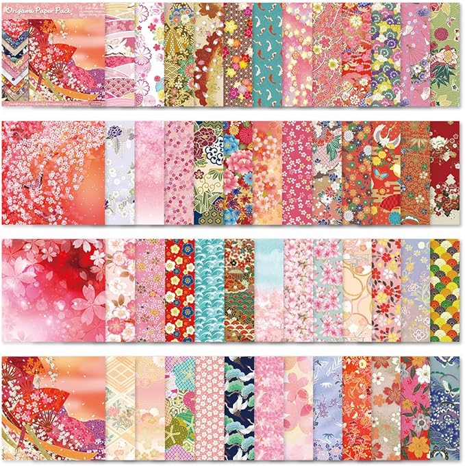 Square Origami Paper 6x6 Double Sided 50 Sheets 50 Colors 70GSM Origami Kit Japanese Chiyo Easy Fold Arts Crafts DIY Handwork Beginner Oriental Cherry