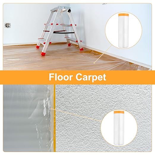 uxcell 2 Rolls Painters Plastic with Tape, 12 x 52 Ft Pre-Taped Masking Film Tape and Plastic Film Paint Plastic Covering Roll for Covering Skirting, Frames and Auto Body, Yellow/Clear