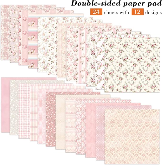 6 Inch Pink Flowers Scrapbooking Paper Pad - 24 Sheets Double Sided Aesthetic Patterns for Wedding Photos Album Journals Decorative Collage Origami DIY Crafts Gifts Wrapping Material