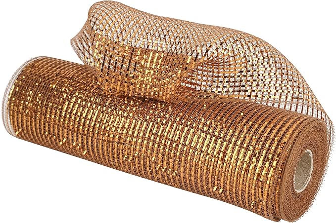 MEEDEE Deco Mesh Copper Brown Mesh Ribbon 10 Inch Deluxe Wide Foil Metallic Mesh Fall Deco Mesh Harvest Mesh Ribbon for Wreaths, Garland, Christmas Tree, Gift Wrapping, Bows Making (30 Feet)