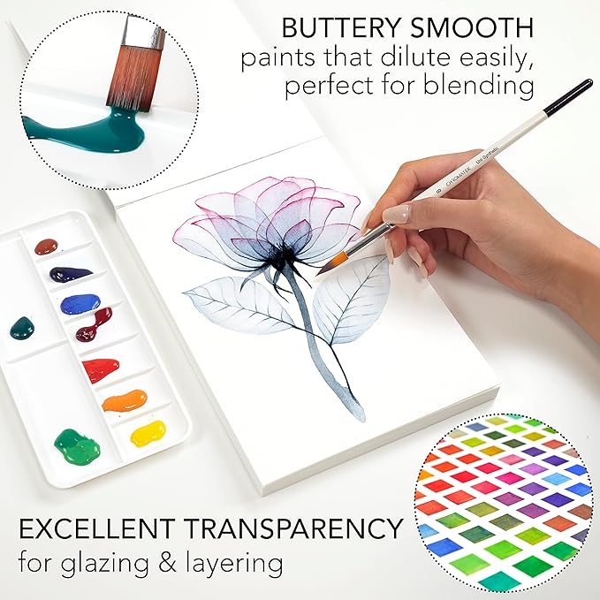 CHROMATEK Watercolor Paint Set - 84 Piece Kit for Adults, Beginner & Professional Artists - 48 Tubes (12ml), 25 Page Sketch Paper Pad, 8 Painting Brushes, Aquapen, Palette, Masking Tape - Art Supplies