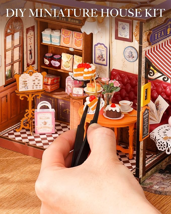 Rolife DIY Miniature House Kit Leisure Tea Time, 3D Book Nook Openable Bookshelf Decor for Adults, Mini Model House Kits, DIY Crafts Kit Halloween for Adults (Leisure Tea Time)