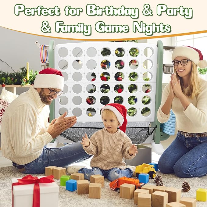 Ancaixin Giant 4 in-A-Row Connect Game Set, Adjustable Height Jumbo Yard Game with Basketball Hoop, Golf, Mesh Pocket & Ring Toss, Indoor Outdoor Family Backyard Party Game for Kids and Adults, White