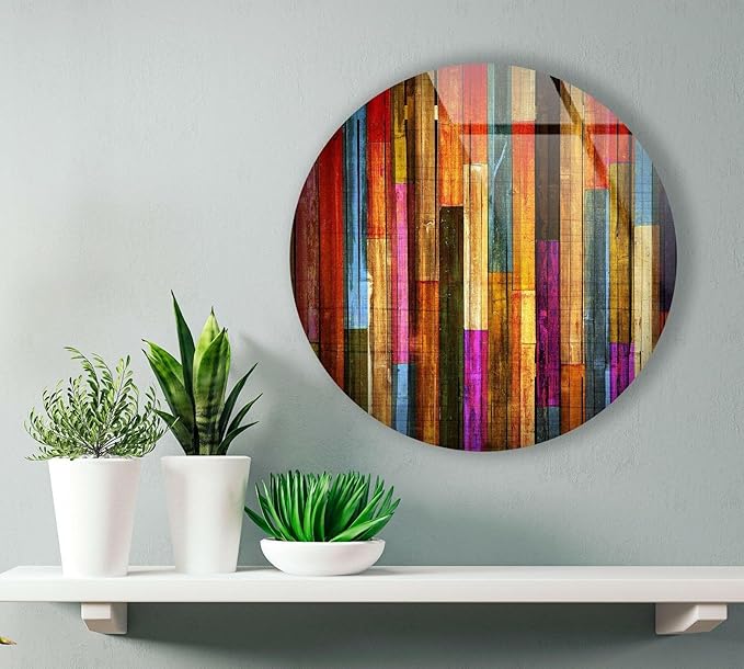 My Photostation.com 15.8''(40cm) Diameter Colorful Wood Pattern Round Glass Wall Art Tempered Glass Printing Wall Decor Large Wall Art Wall Hangings