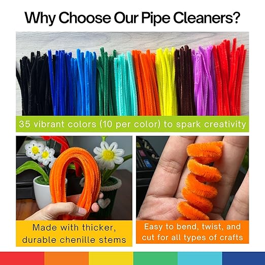 Performore Colorful Pipe Cleaners Craft Set 350-Pack Chenille Stem Wires in 35 Bright Colors 5mm Thick Reusable Twistable Fuzzy Sticks DIY Art Supplies for Kids & Classrooms