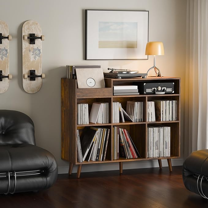Cozy Castle Large Record Player Stand, Vinyl Storage Cabinet Mid Century Modern Turntable Stand Media Console Table Open Shelf Cube CD Album Holder Organizer for Living Room, Office, Rustic Brown