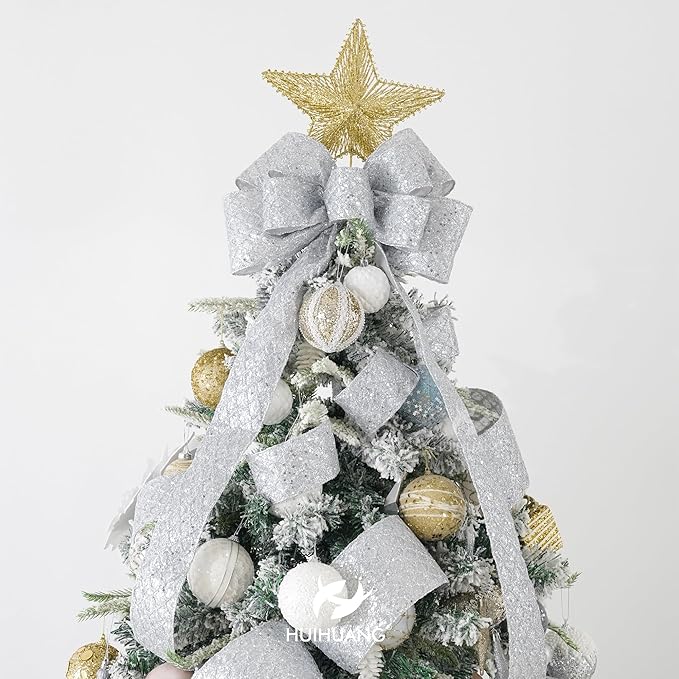 HUIHUANG Silver Christmas Ribbon 4 inch Silver Glitter Wired Ribbon Diamond Mesh Wire Ribbon for X-mas Tree Decorations, Wreaths, Garland, Large Bows Making, Home Decor -10 Yards