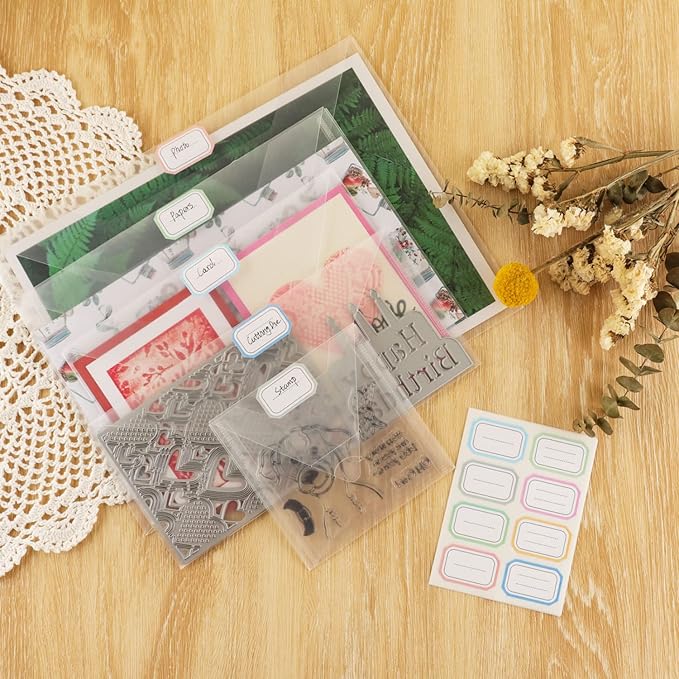40 PCS Stamp and Die Storage Pockets 48 Label Stickers 4 Sizes Scrapbooking Storage Die Cuts Storage for Storage Card Making DIY Scrapbooking Paper, Cutting Dies Stencil Clear Stamp Crafts Storage