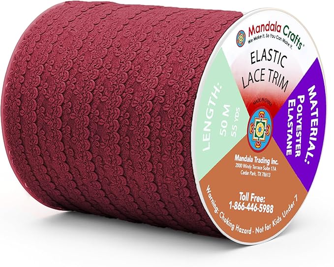 Mandala Crafts Maroon Stretch Lace Soft Elastic Trim Roll - 55 Yards 1 Inch Wide Stretchy Frilly Picot Ribbon for Sewing Lingerie, Headbands, Underwear, and Crafts