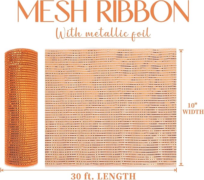 MEEDEE Orange Deco Mesh 10 Inch Deluxe Wide Foil Fall Deco Mesh Metallic Mesh Fabric Halloween Mesh Ribbon for Wreaths, Garland, Christmas Tree, Gift Wrapping, Bows Making (30 Feet)