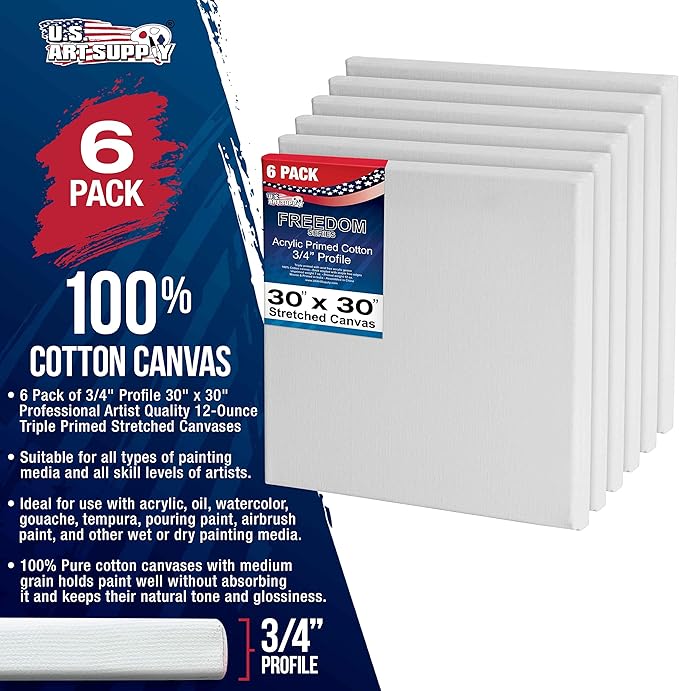 U.S. Art Supply 30 x 30 inch Stretched Canvas 12-Ounce Triple Primed, 6-Pack - Professional Artist Quality White Blank 3/4" Profile, 100% Cotton, Heavy-Weight Gesso - Acrylic Pouring, Oil Painting