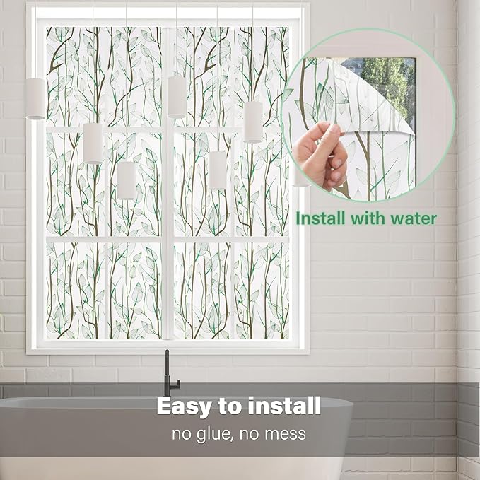 Donox Frosted Glass Window Film Heat Control UV Blocking, Static Cling Reusable Home Bathroom Door Window Privacy Film, Green Leaf Pattern Window Covering with Installation Tool, 17.5 in x 13.1 feet