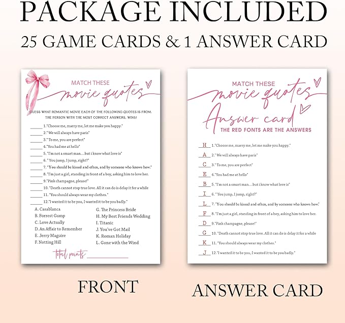 Bridal Shower Games Cards, Match These Movie Quotes, 25 Cards with 1 Answer Card, Engagement Party Games for Guests, Pink Ribbon Bow Wedding Party Supplies - E09