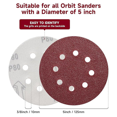100 PCS 5 Inch Sanding Discs 180 Grit, Round Hook and Loop Sandpaper for Random Orbital Sander