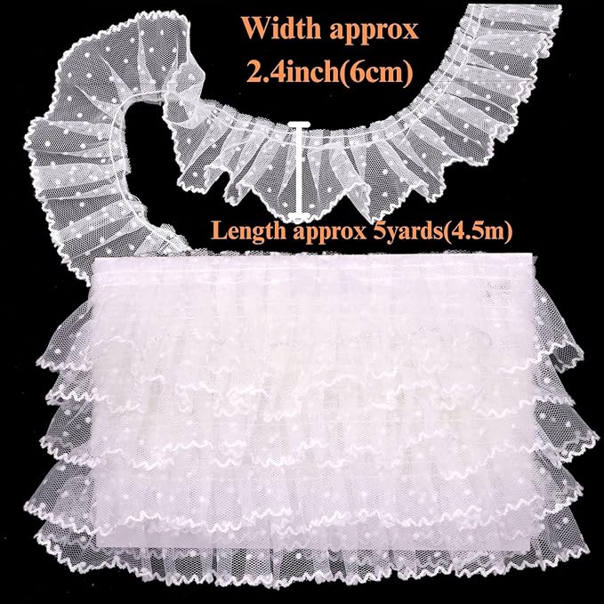 Dots Lace Ruffle Trim for Sew, Crafts 2.4" x5yd Single Layer Pleated Edge Lace Ribbon (White)