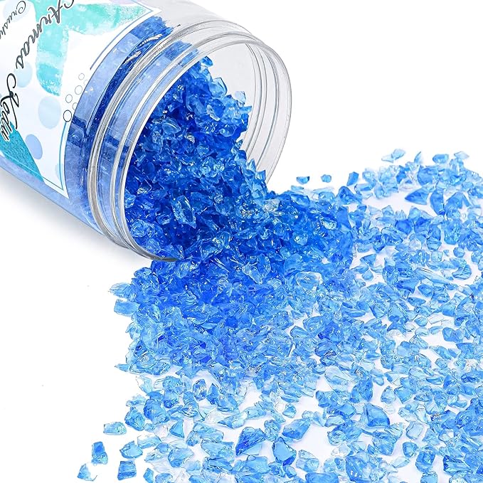 Crushed Glass for Resin Art - 3-6mm Ocean Blue, 1.5lb | Broken Glass Pieces for Crafts, Vase Filler & Fire Pit Media | Decorative Stones