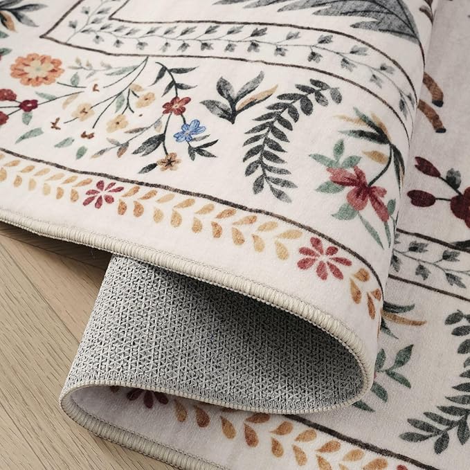Rugcomf Living Room Rug 5x7 Rug Machine Washable Boho Area Rug Non Slip Floral Animal Vintage Low Pile Large Rugs for Living Room, Bedroom, Farmhouse, Dining Room, Kids Playroom (Beige)