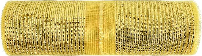 MEEDEE Gold Deco Mesh 10 Inch Deluxe Wide Foil Metallic Pull Up Mesh Yellow Gold Decorative Mesh Ribbon for Christmas Tree, Wreaths, Garland, Gift Wrapping, Bows Making (30 Feet)