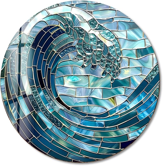 My Photostation.com 10''(25cm) Diameter Ocean Wave in Blue Mosaic Round Glass Wall Art Tempered Glass Printing Wall Decor Large Wall Art Wall Hangings