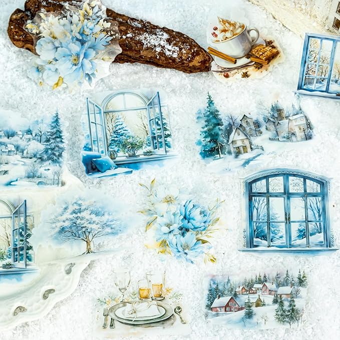 60Pcs Snow Country Winter PET Stickers, Large Landscape Stickers for Scrapbooking, DIY Crafts, Journaling, and Junk Journal Ephemera with Organizer