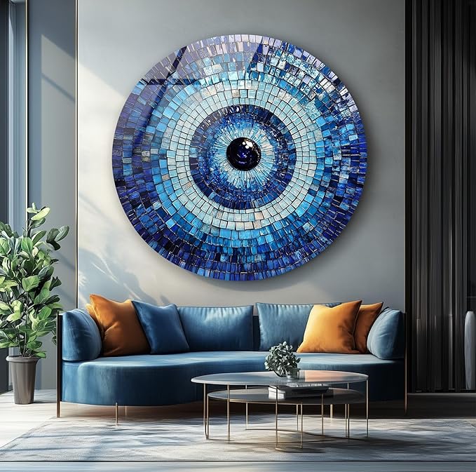 My Photostation.com 15.8''(40cm) Diameter Blue Mosaic Evil Eye Round Glass Wall Art Tempered Glass Printing Wall Decor Large Wall Art Wall Hangings