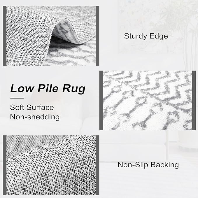 Moroccan Grey 4x6 Rug, Washable Boho Distressed Living Room Rug Non-Slip Large Rug, Faux Wool Low-Pile Indoor Floor Carpet Accent Rugs for Kitchen Bedroom Office Dining Table
