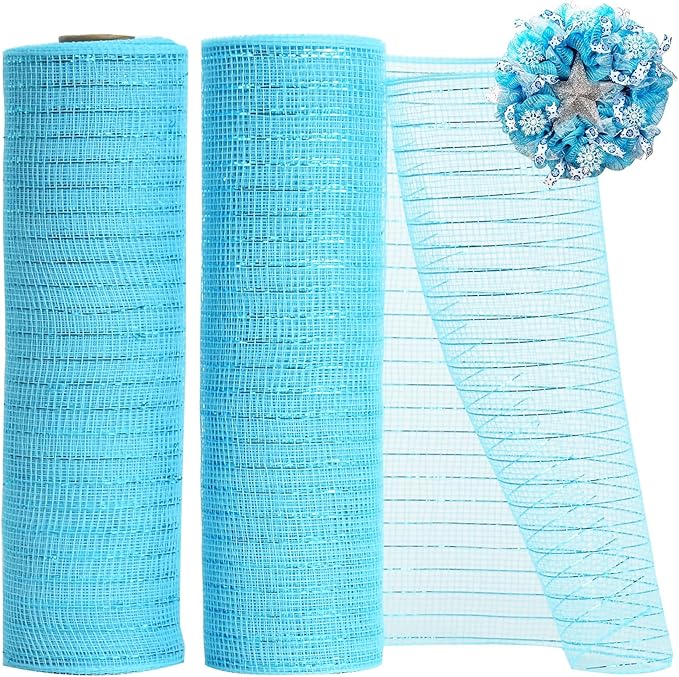 TONIFUL 2 Rolls 10 Inch Sky Blue Decorative Mesh Ribbbon Rolls, Fabric Mesh with Foil for Wreath Supplies, Front Door Wreath Crafts Tree Decor Christmas NewYears Halloween Decoration (10 yds/roll)