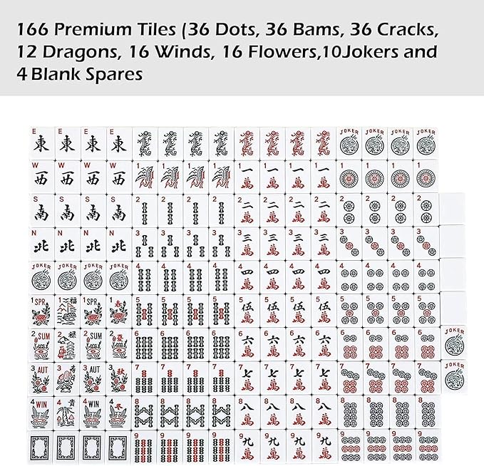 ZGME American Mahjong Set,166 White Tiles with Black Rectangular Bag and Accessories,4 All-in-One Mahjong Racks with Pushers,Complete Western Mahjong Set