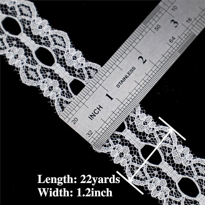Lace Trim Ribbon White Sewing Lace Ribbon for Crafts Bridal Wedding Decorations, Bouquet and Gift Packaging (1.2Inch, 22 Yards)