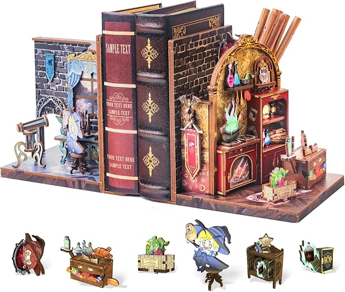 Cutefun 2Pcs Book Nook Kit, DIY 3D Wooden Puzzles for Adults and Teens, Bookends Decorative for Shelves Book Nook Kits for Adults, Bookshelf Decor Gifts for Friend (University of Miracle)
