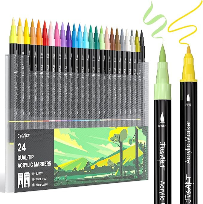 JusArt 24 Colors Dual Tip Acrylic Paint Pens Markers, Brush and Fine Tip, Premium Paint Pens for Wood, Canvas, Egg, Stone, Fabric, Rocks, Metal, Glass, Ceramic, DIY Crafts Making Art Supplies Gifts