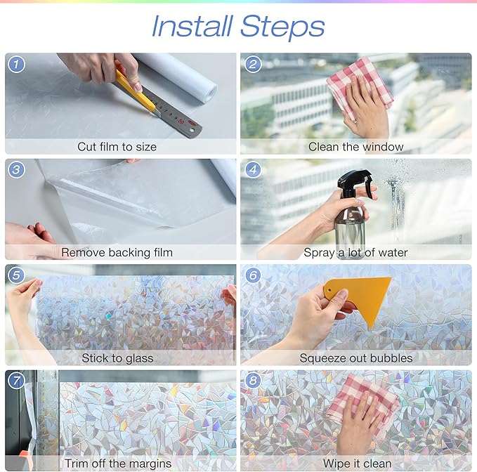 Homein Window Privacy Film, Rainbow Window Film Decorative 3D Window Clings Non Adhesive Window Tint for Home, Stained Glass Window Film for Glass, UV Blocking, 17.5 x 78.7 inches