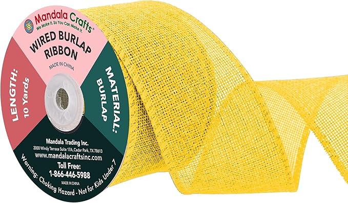 Mandala Crafts Yellow Burlap Wired Ribbon 2.5 Inches Wide Jute Ribbons for Crafts - 10 Yds Roll Rustic Burlap Wrap Trim Ribbons for Wreaths Bows Party Decoration