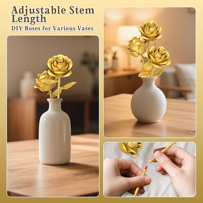 Gold Roses Flower Building Set - 3 Roses Bouquet Botanical Building Blocks for Adult, Home Decor Romantic Anniversary Valentine's Day Gift for Her, Wife, Girlfriend, Mom