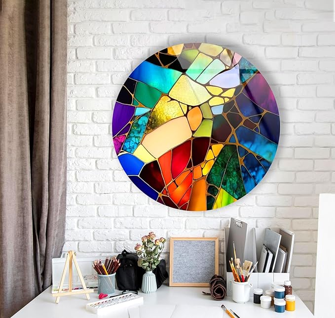 My Photostation.com 39,4''(100cm) Diameter Multicolor Round Stained Glass Wall Art Vibrant Mosaic Abstract Panel Tempered Glass Printing Wall Decor Large Wall Art Wall Hangings