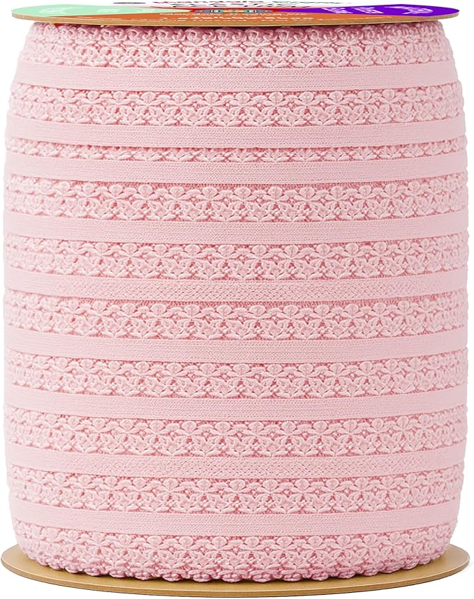 Mandala Crafts Blush Stretch Lace Soft Elastic Trim Roll - 55 Yards 1 Inch Wide Stretchy Frilly Picot Ribbon for Sewing Lingerie, Headbands, Underwear, and Crafts