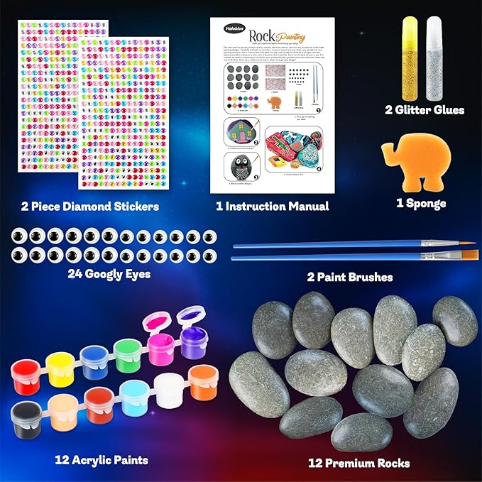 Halobios Rock Painting Kit, 12 Rocks for Painting, Arts and Crafts for Kids Ages 6-12, Rock Painting Kit for Adults, Art Supplies for Birthday Children's Day Gifts