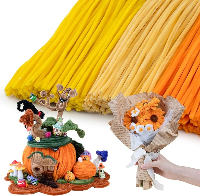 Caydo 300 Pieces Yellow Orange Pipe Cleaners, Thick Fluffy Chenille Stems, Pipe Cleaner Crafts for Arts & Crafts, Perfect for Making Animals, Flowers, and Festive Decorations