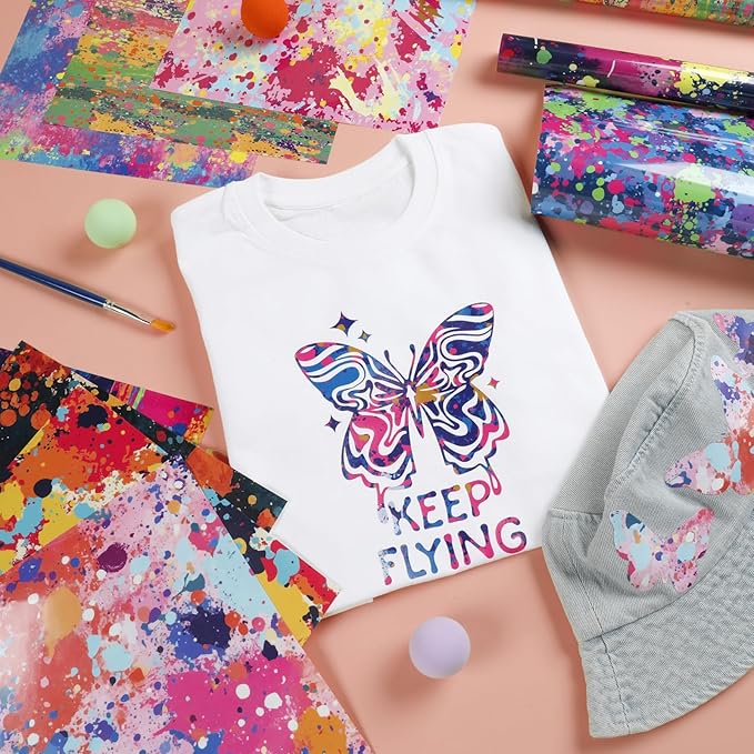 HTVRONT Splatter Heat Transfer Vinyl - 10 Sheets 12"x10" Vibrant Paint Splatter HTV Vinyl, Watercolor Iron-On Vinyl for T-Shirts, Splatter HTV Easy Cut & Weed, Fits All Cutting Machines