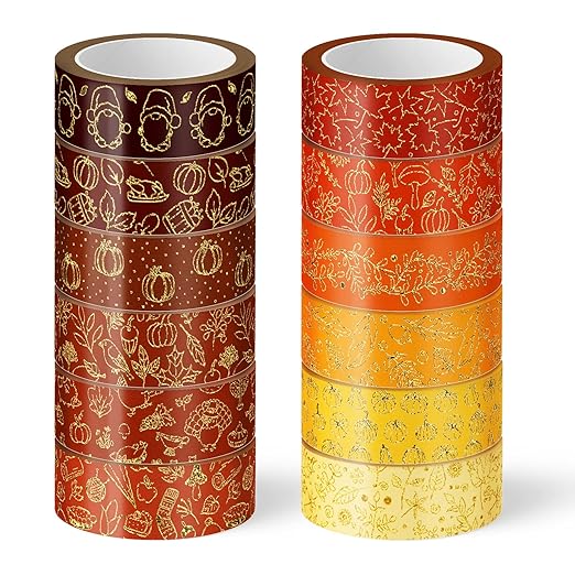 Whaline 12 Rolls Fall Washi Tapes Foil Gold Decorative Tape Autumn Gnome Pumpkin Fall Leaves Turkey Patterned Masking Tape for Fall Thanksgiving Scrapbook Journal DIY Craft Gift Wrapping, 0.6Inch