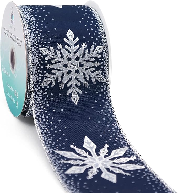 CT CRAFT LLC Navy Satin with Silver Snowflake Wired Ribbon 2.5 Inch x 10 Yards for Christmas Home Decor Tree Topper Bow Gift Wrapping DIY Crafts Wreath Garland