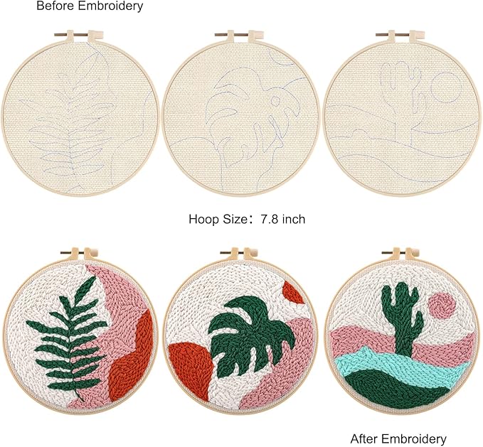 Anidaroel 3 Sets Punch Needle Kits - Beginner Adults Kit with Fabric, Hoops, Yarns and Sewing Needles