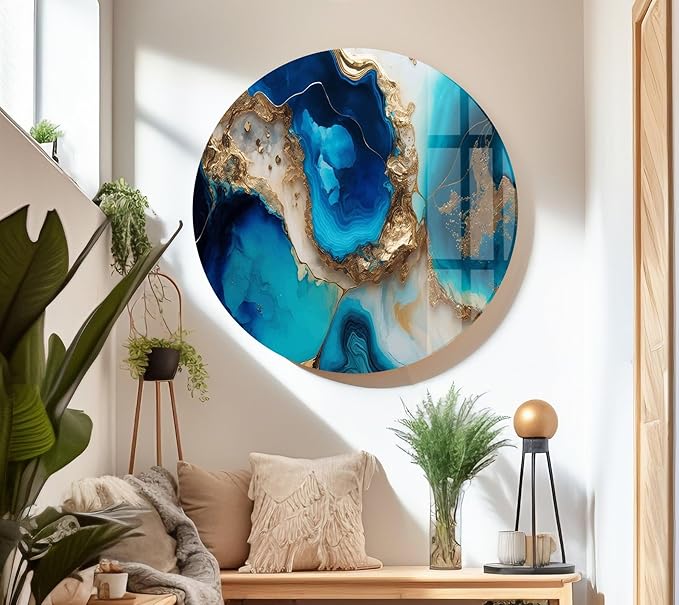 My Photostation.com 28Wx18H'' Blue Alcohol ink Glass Wall ArtTempered Glass Printing Wall Decor Large Wall Art Wall Hangings